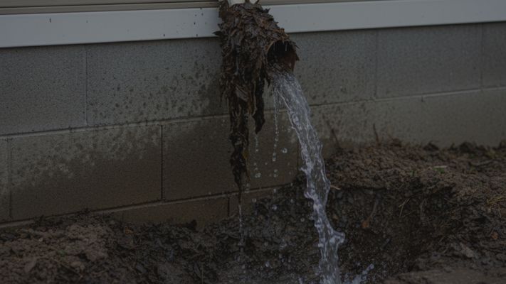 Rainwater aggressively eroding soil next to a mobile home's foundation from a clogged, overflowing gutter. Rainwater aggressively eroding soil next to a mobile home's foundation from a clogged, overflowing gutter.