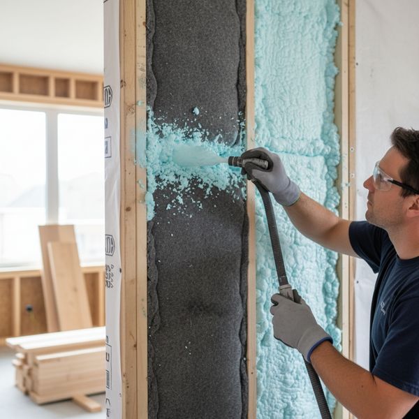 Worker applying spray foam insulation next to mineral wool Worker applying spray foam insulation next to mineral wool