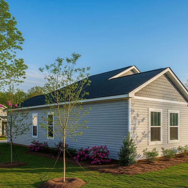 prefabricated home exterior in a suburban Georgia setting