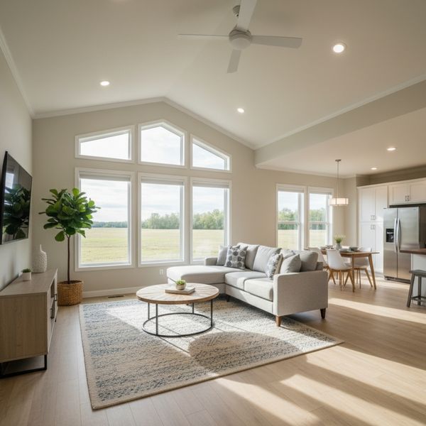 A defined seating area with a sofa and rug in an open-concept living room