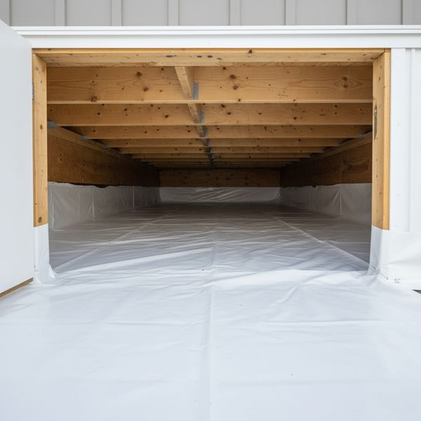 dry crawlspace under a manufactured home showing an intact white vapor barrier. dry crawlspace under a manufactured home showing an intact white vapor barrier.