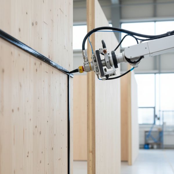 Close-up of factory assembly showing the precision-sealing of a prefabricated wall joint Close-up of factory assembly showing the precision-sealing of a prefabricated wall joint