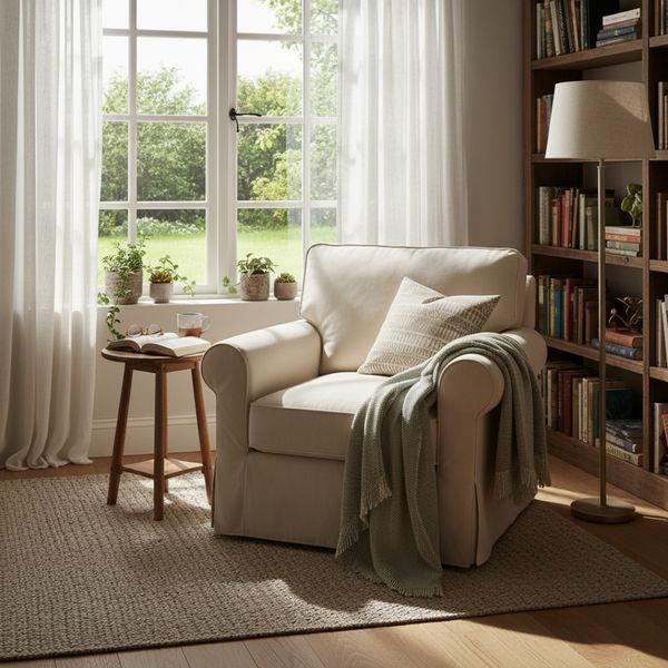 A cozy reading nook with an armchair positioned to catch natural light from a window.