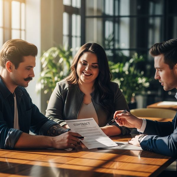 A couple reviewing a contract with a smiling representative at a desk