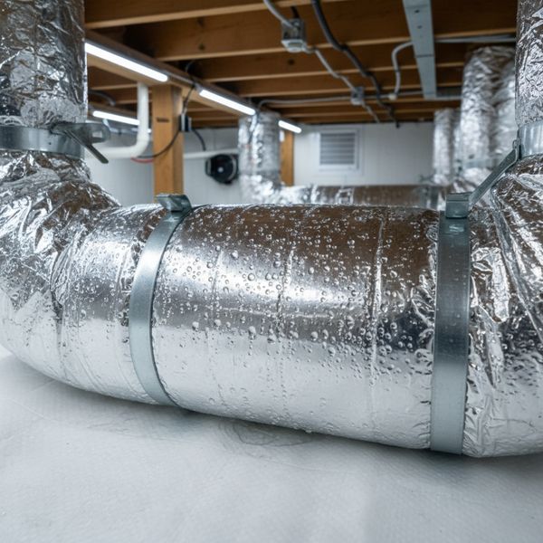 manufactured home crawl space, with a focused view of subtle condensation beading on insulated ductwork