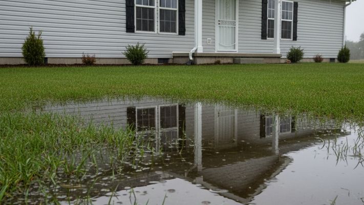 a manufactured home on a damp day