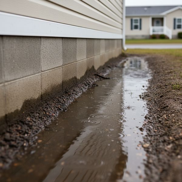 Pooled water saturating the ground directly adjacent to the skirting of a manufactured home. Pooled water saturating the ground directly adjacent to the skirting of a manufactured home.