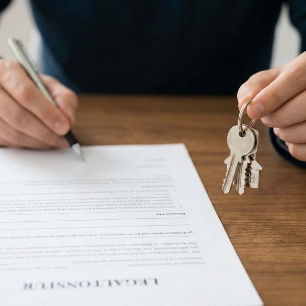 A person signs legal documents while holding a set of house keys