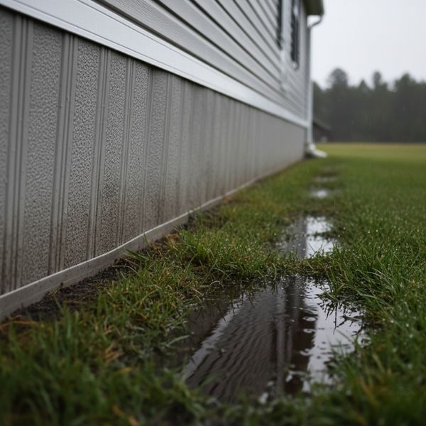Close-up on the lower skirting of a manufactured home on a damp day