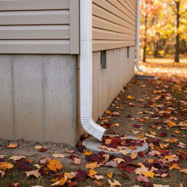 The corner of a home's foundation where a gutter downspout is, with colorful fallen autumn leaves scattered on the ground.