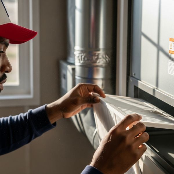 A homeowner replacing an HVAC filter inside a prefabricated home