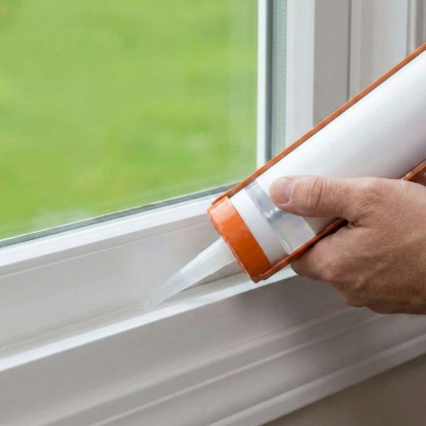 Hand applying clear caulk to a window frame Hand applying clear caulk to a window frame