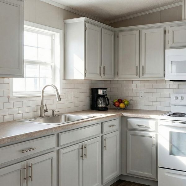 manufactured home kitchen with updated cabinet hardware