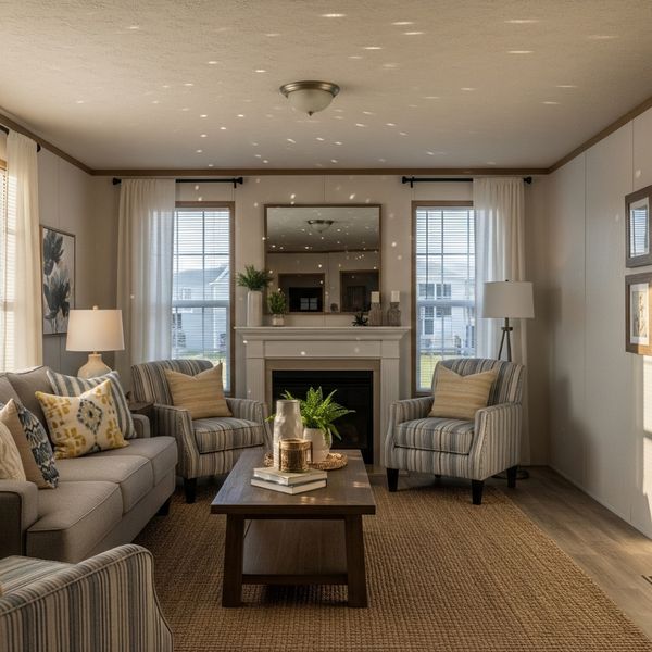 living room inside a manufactured home with cozy furniture
