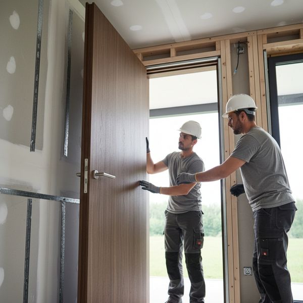 Construction workers installing a thick, solid-core interior door Construction workers installing a thick, solid-core interior door