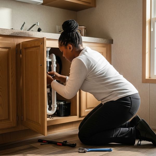 prefabricated kitchen with a homeowner checking under the sink plumbing