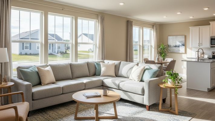 A sunlit living room in a modern manufactured home