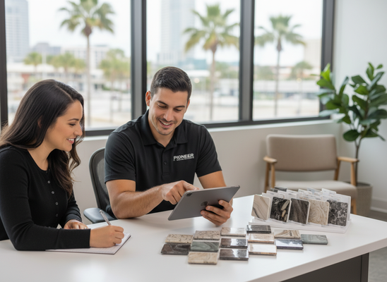 Smiling man in Pioneer shirt points at tablet while woman writes notes, surrounded by stone samples. Palm trees seen through window. Pioneer representative and client discussing design options with stone samples