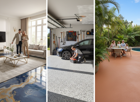 A triptych showing epoxy floors in a stylish living room and garage, and a textured patio floor with a family enjoying a meal. Versatile Floor Coatings for Home, Garage, and Patio