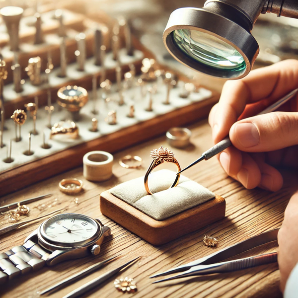 DALL·E 2025-01-06 19.29.01 - A close-up, professional photo of a jeweler repairing a delicate gold ring using specialized tools in a well-lit workshop. The scene includes a workbe.png