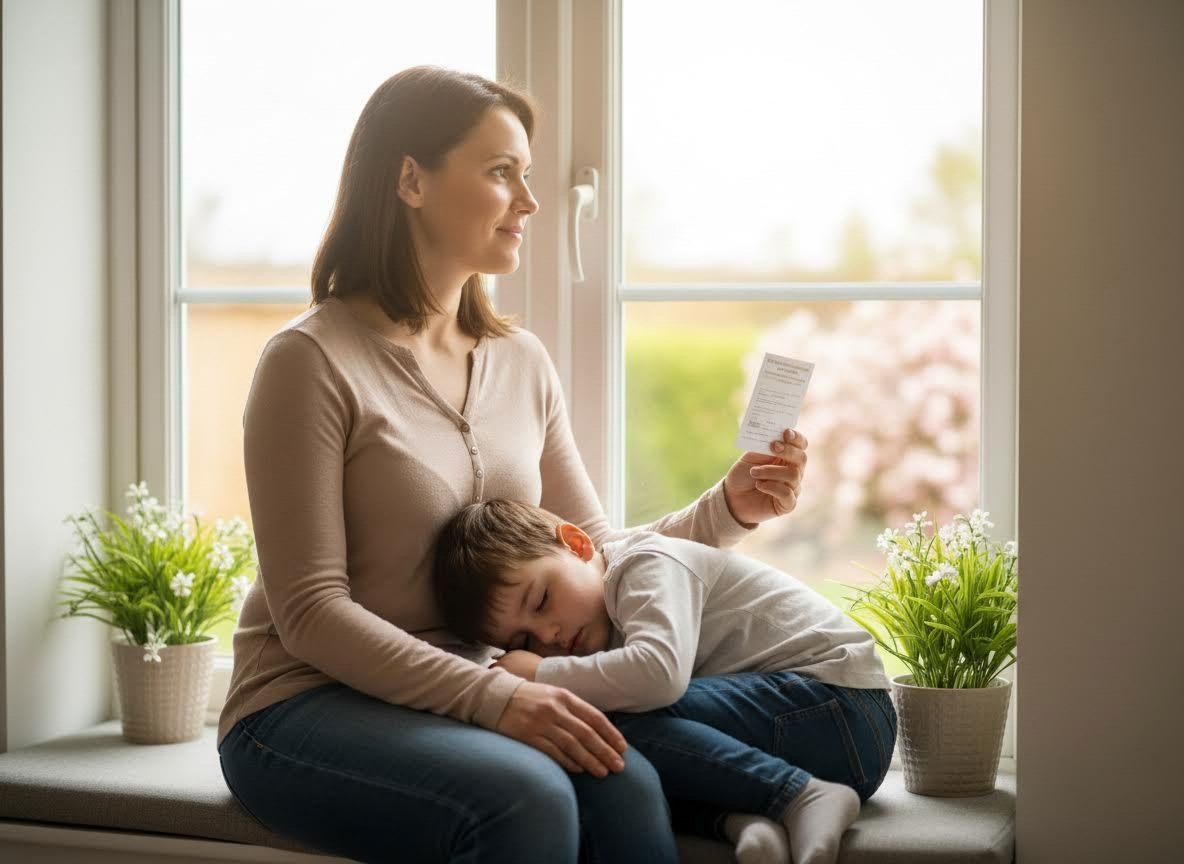 Woman and child resting by window with a card