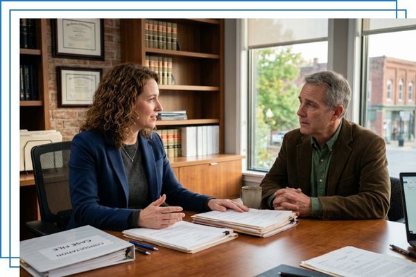 Empathetic lawyer consulting with a client across a desk providing legal guidance