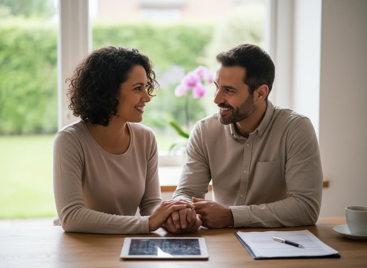 A happy couple holding hands and looking at each other across a table