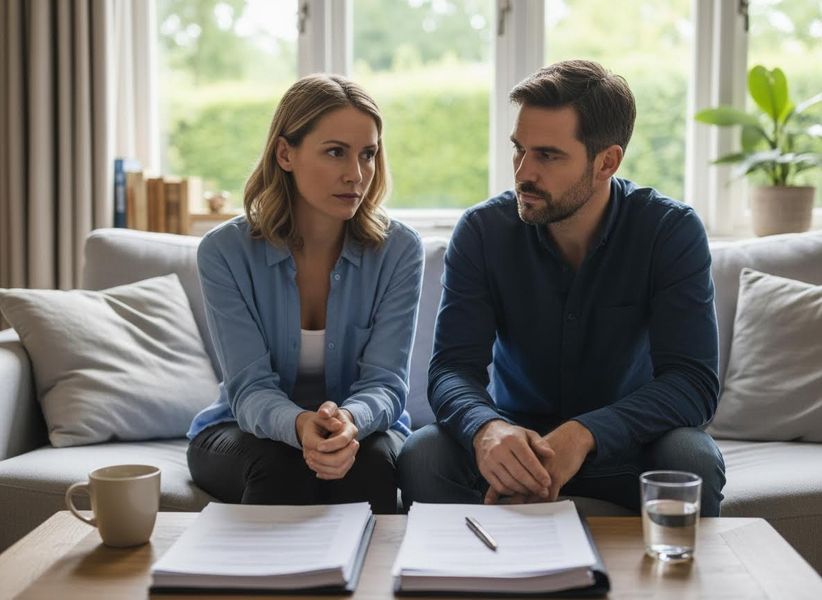 Couple Discussing Serious Documents at Home