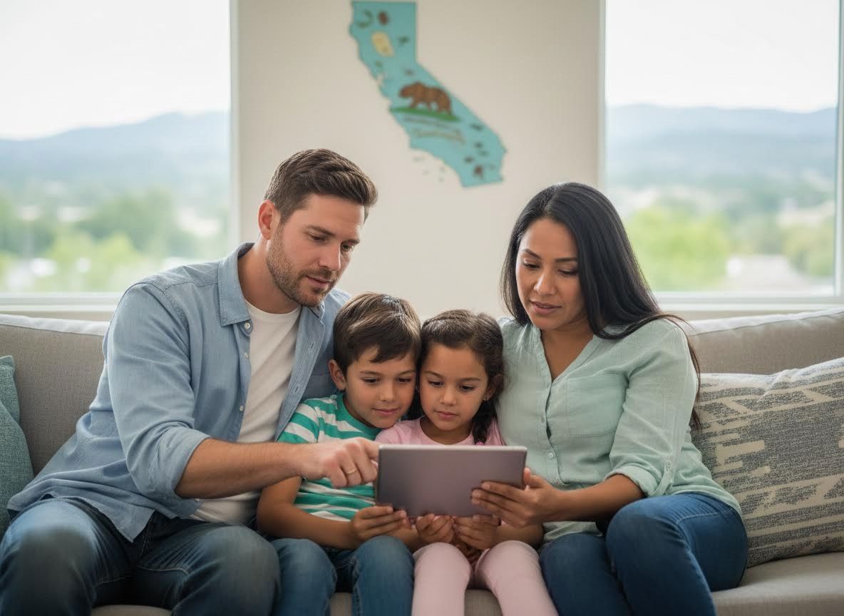 Family using a tablet on a couch