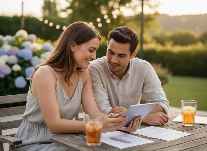 Smiling Couple Using Tablet Outdoors