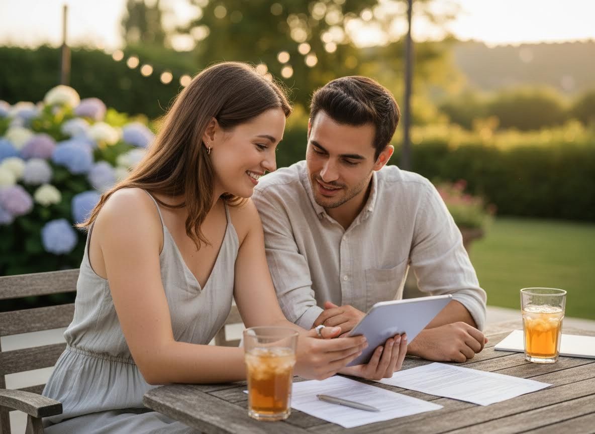 Smiling Couple Using Tablet Outdoors