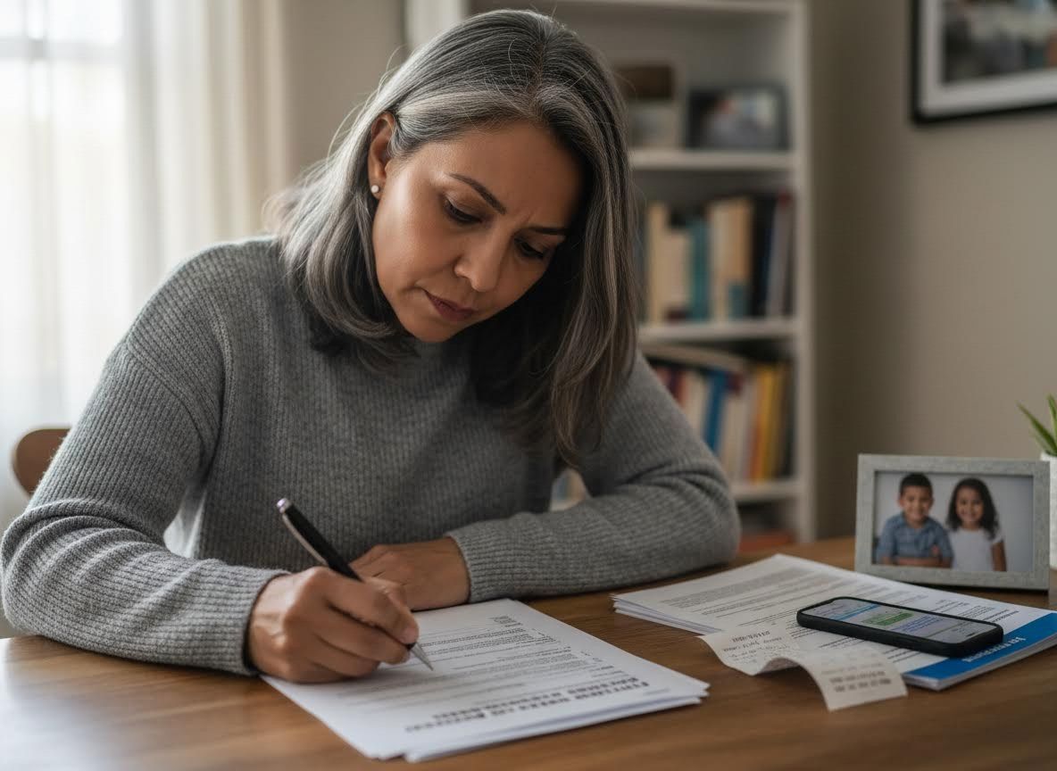 Woman signing documents at home