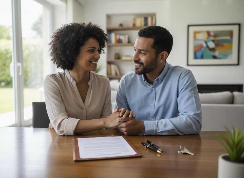 A smiling couple sits at a wooden table, holding hands over a contract, pens, and house keys in a bright, modern living room. Happy Couple Holding Hands Over Contract and Keys
