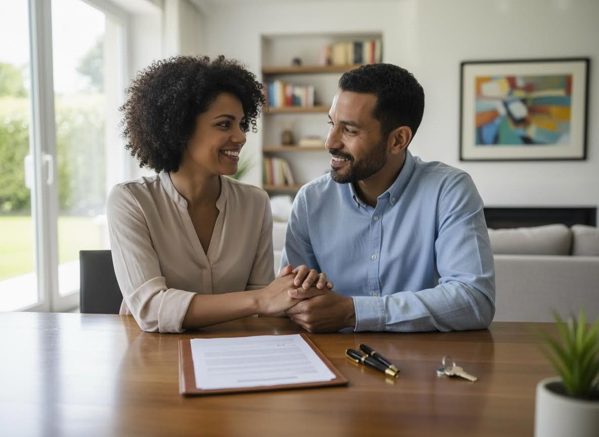 Happy Couple Holding Hands Over Contract and Keys