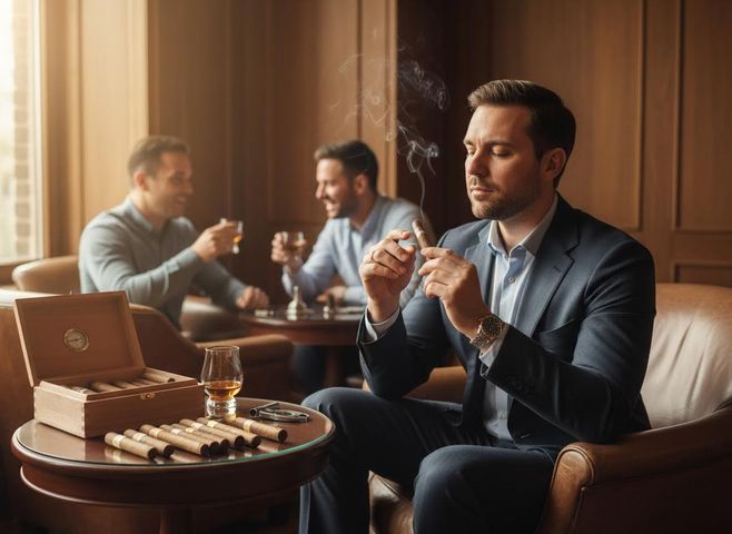 Three men enjoy an upscale lounge. One man in a suit holds a cigar with smoke rising, a humidor and drinks are on the table. Men relaxing and socializing in a sophisticated lounge