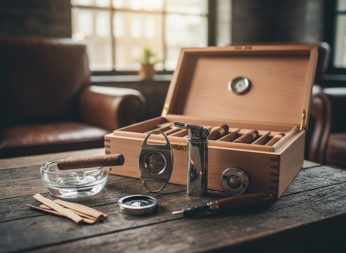 Cigar humidor and accessories on a wooden table