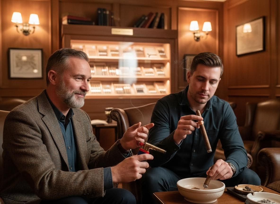 Two gentlemen conversing in a refined lounge