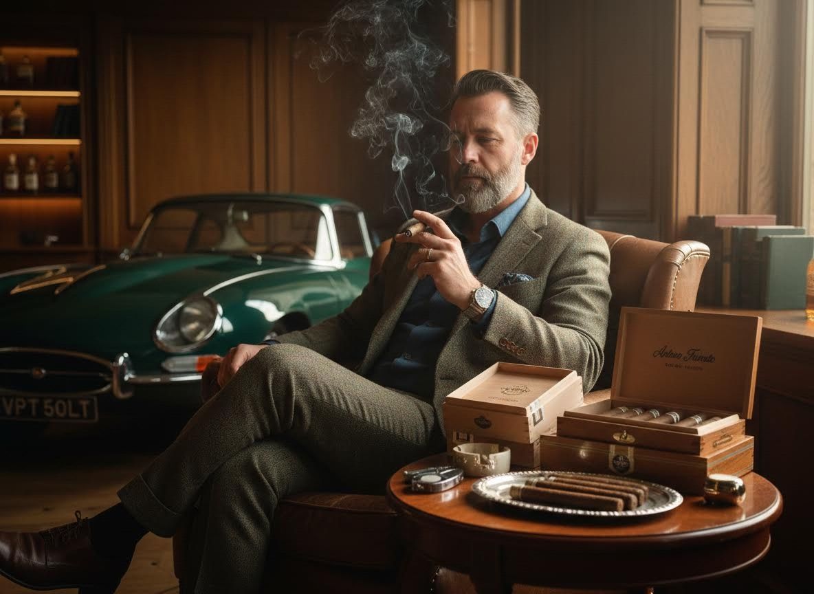 Distinguished Man Smoking Cigar with Classic Car