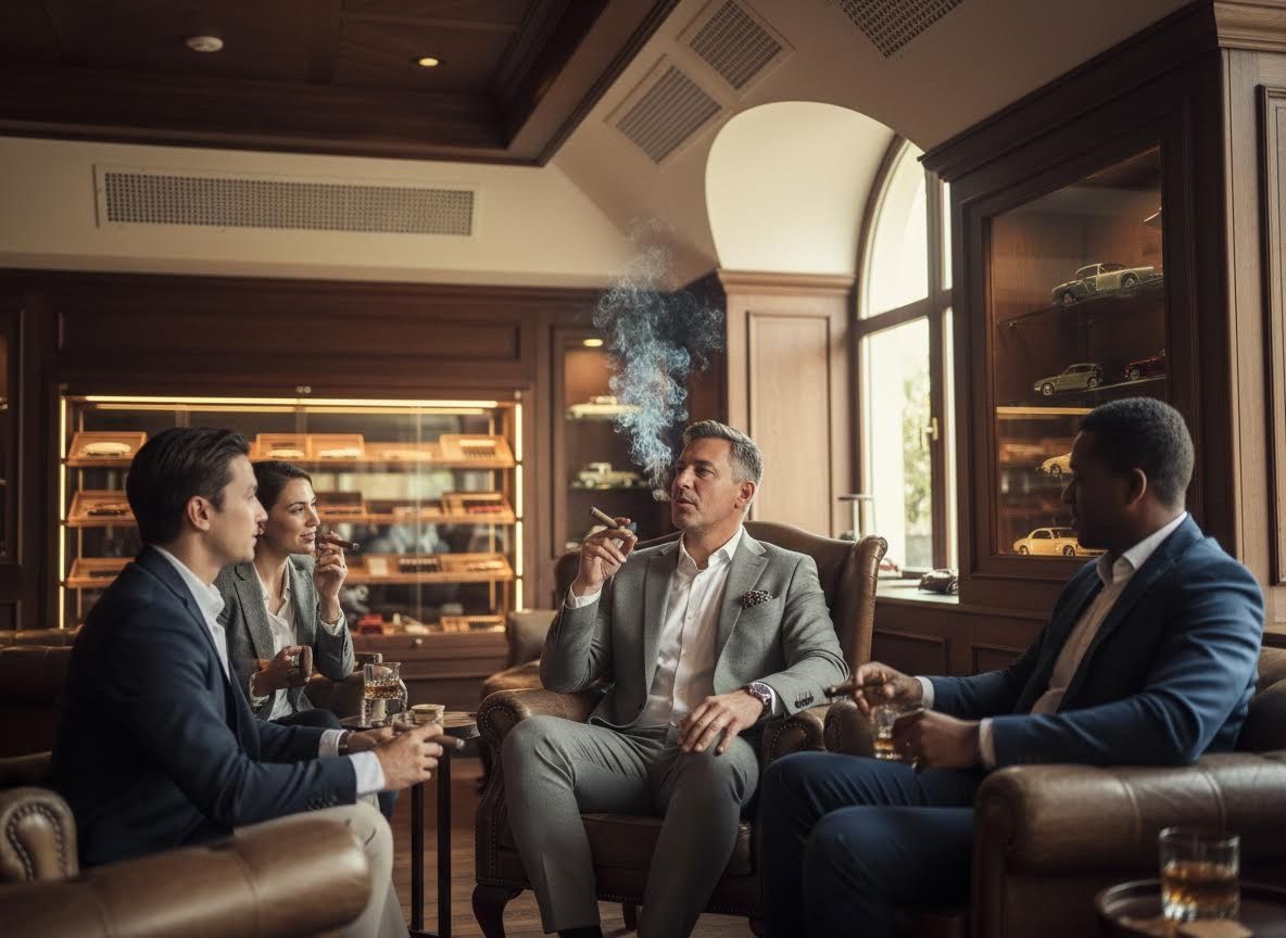 Business professionals socializing in a sophisticated lounge