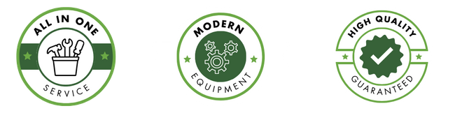 Badge 1: All in One Service  Badge 2: High Quality Guarantee  Badge 3: Modern Equipment