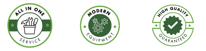 Badge 1: All in One Service  Badge 2: High Quality Guarantee  Badge 3: Modern Equipment