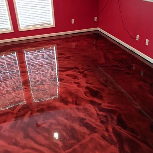 a red floor with white blinds