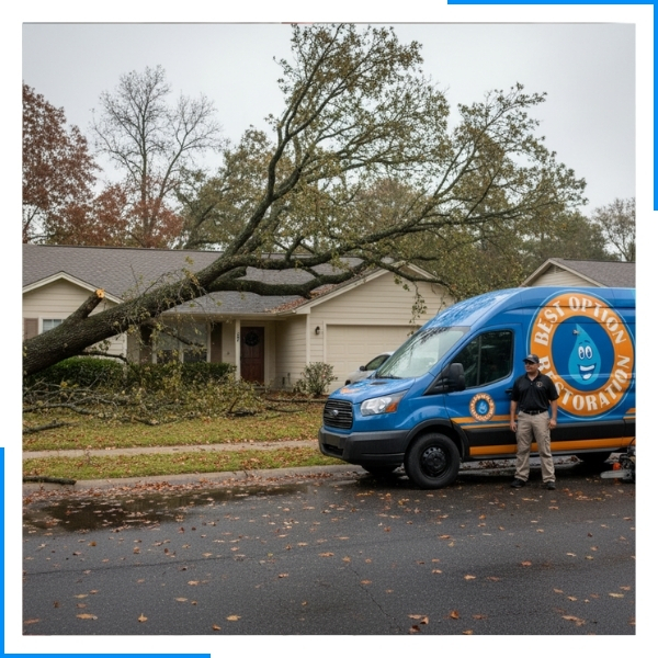 Best Option Restoration van in front of a storm site