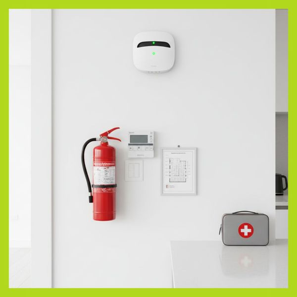 A modern white smoke detector installed on a clean ceiling.