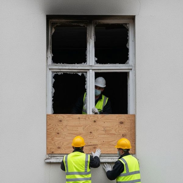 team boarding up window