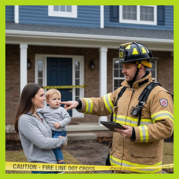 A firefighter giving safety clearance to a homeowner outside their house.