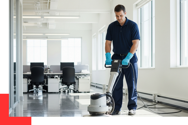 A worker using a floor cleaning machine on an office floor