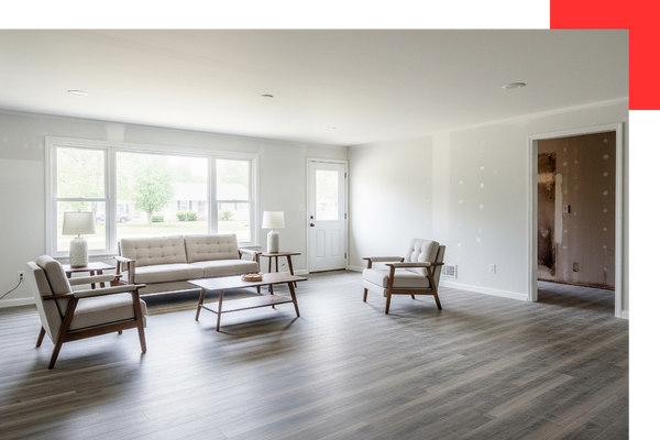 A freshly restored living room after a fire