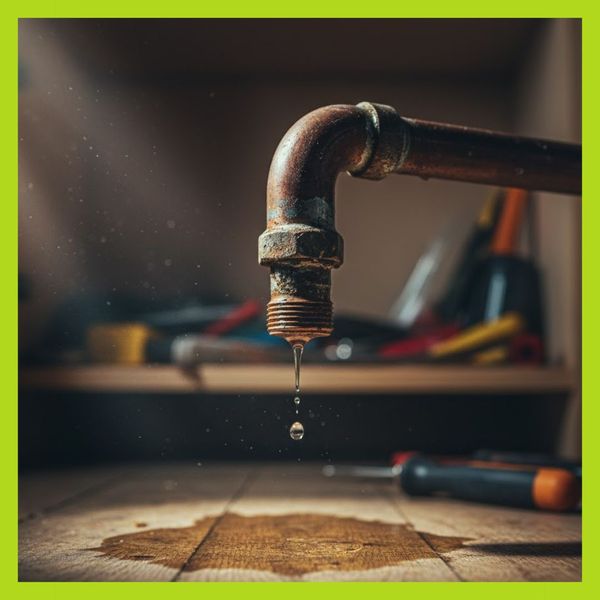 Close-up of a dripping pipe under a sink, with water pooling on a wooden floor.