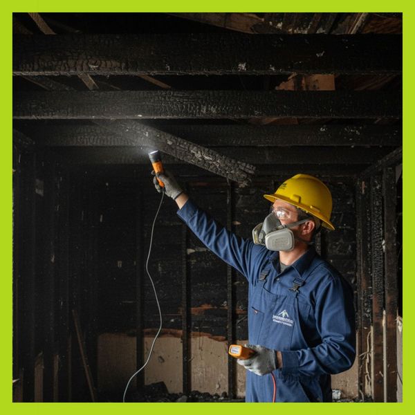 A restoration professional in a hard hat inspecting fire-damaged structural beams in a home.
